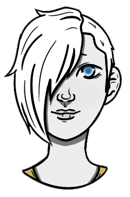 Chicory, a non-binary person with very pale grey skin and short white hair with long bangs that cover one of their sky blue eyes.